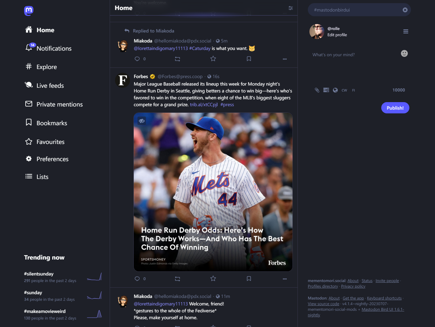 Screenshot of Mastodon Bird UI with main feed active, Forbes posting Home Run Derby Odds: Here's How The Derby Works - And Who Has The Best Change of Winning