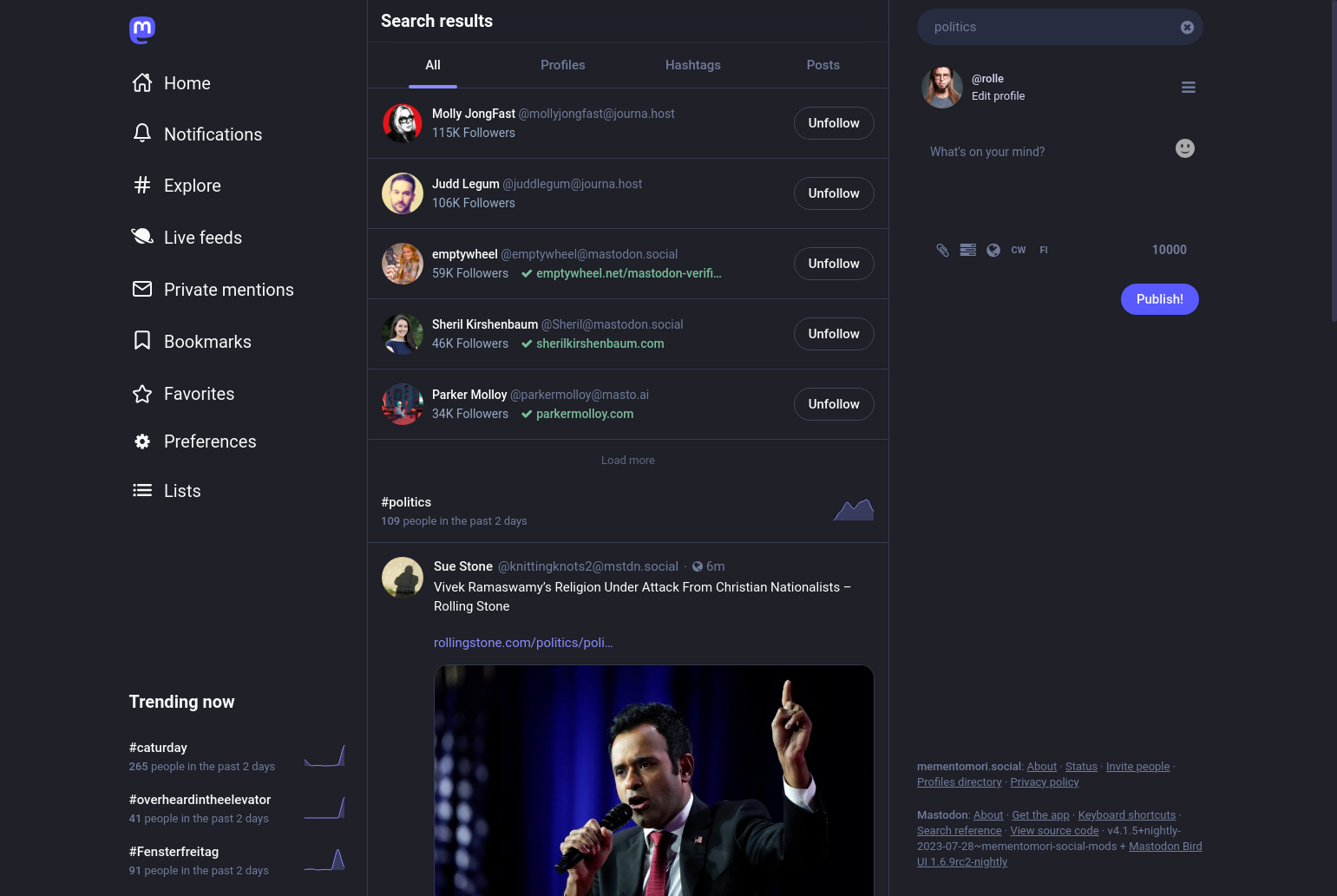 Mastodon search screenshot for "politics", last found post 6min ago.
