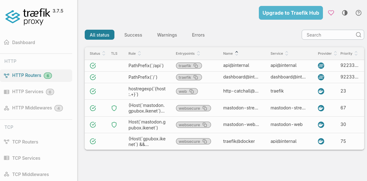 Traefic routers view with mastodon entrypoints